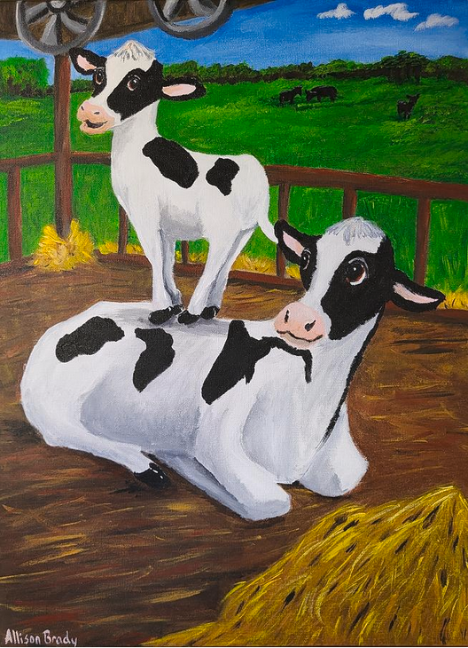 Allison Brady Art Painting, Calf on Mom, featuring a calf playfully standing on his or her mom's back.