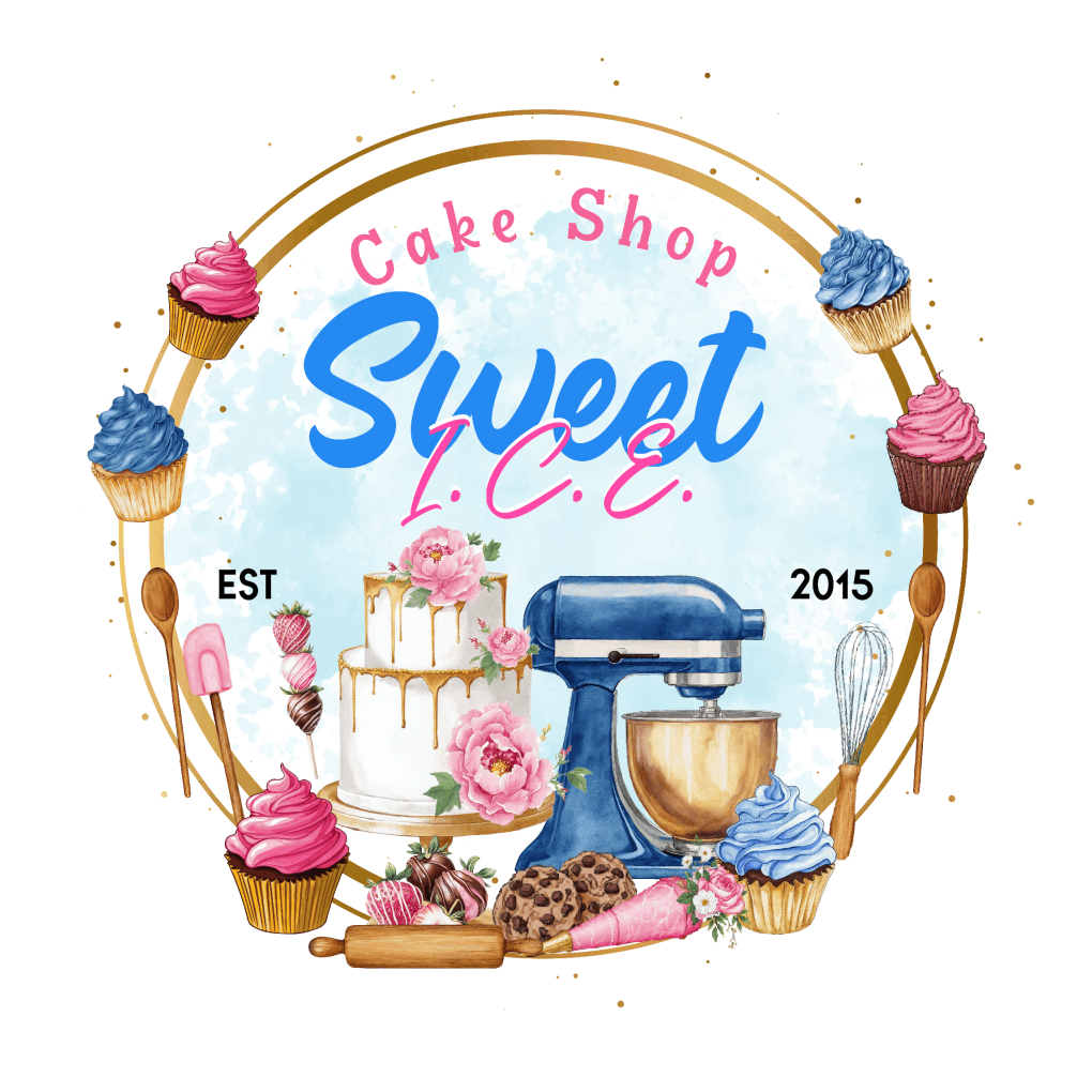 Logo for Sweet I.C.E. Bake Shop in the Lehigh Valley PA! Mixer, Mixing bowl, cake and cupcakes in a circle