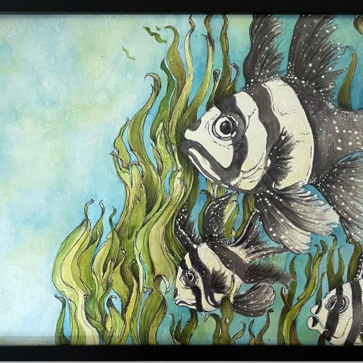 Illustration of striped fish swimming underwater, by Tara M Santoro, Lehigh Valley PA.