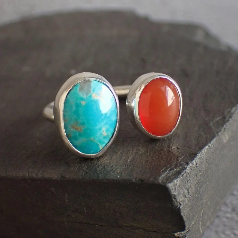 A blue and red "cuff" style double-ring, handmade by EmmyBean Jewelry. Natural Turquoise and Carnelian