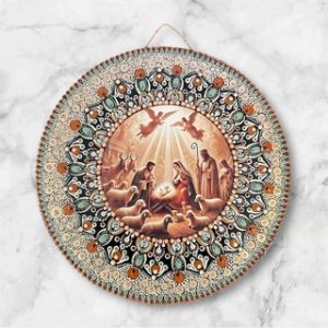 A hand-painted dot art wall hanging by Violet Blue Designs, featuring a detailed Nativity scene at the center surrounded by an intricate mandala-style border in earthy tones.